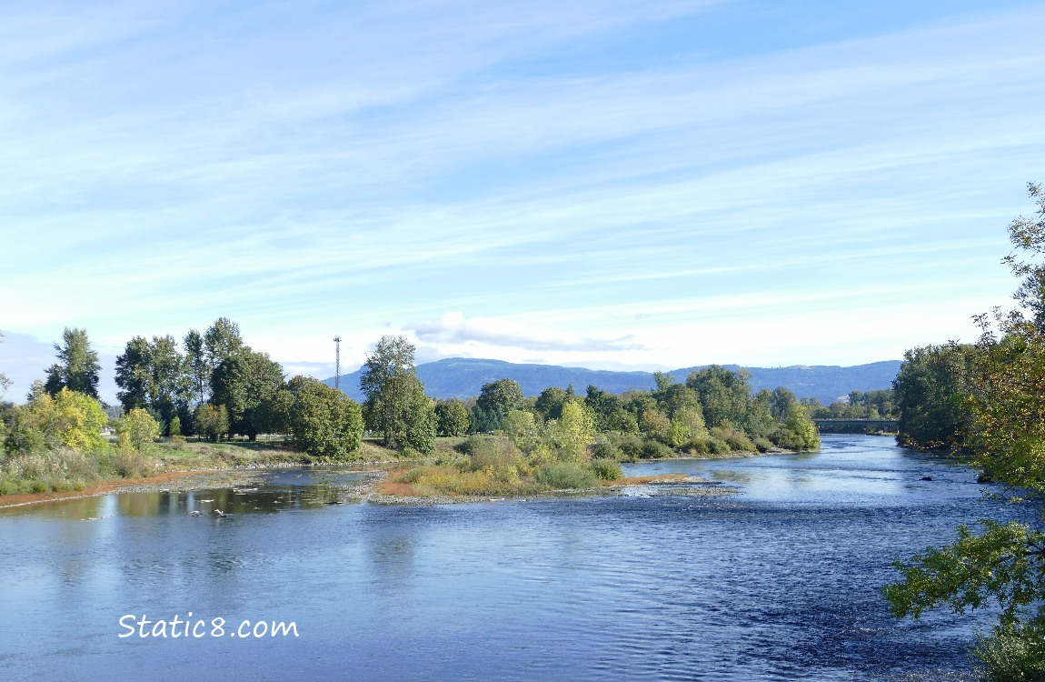 bands of cirrus clouds in a blue sky over the Willamette River