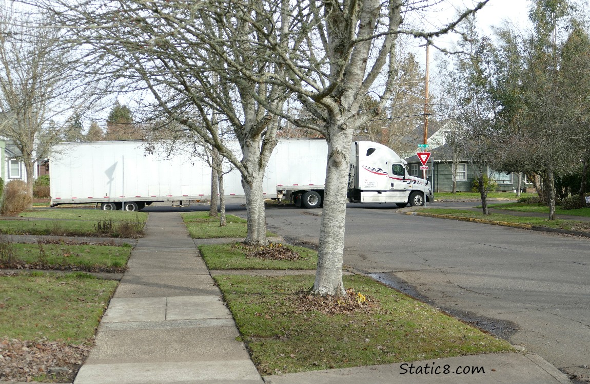 Semi and trailer in a downtown neighborhood