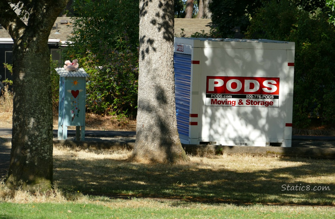 a Little Free Pantry between trees and next to a Pod