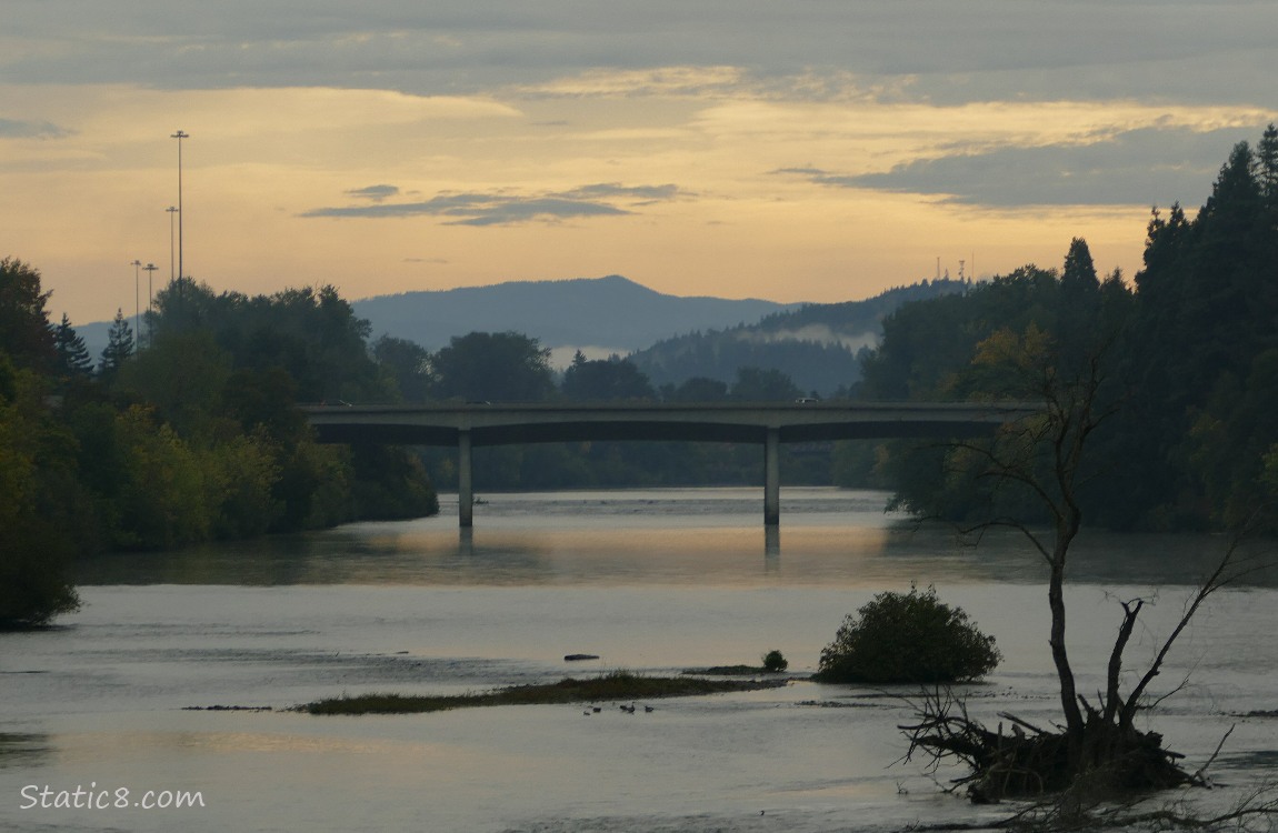 looking upriver at a bridge and morning light coming thru the clouds