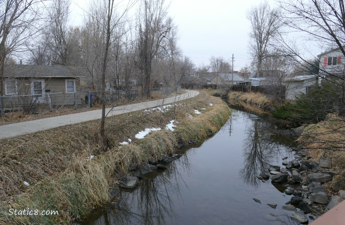 Bike path next to a creek in a neighborhood