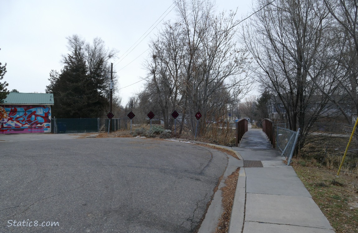 Dead end road and a walking bridge