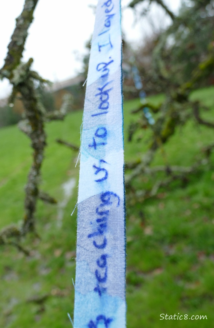 Blue streamer with writing on it