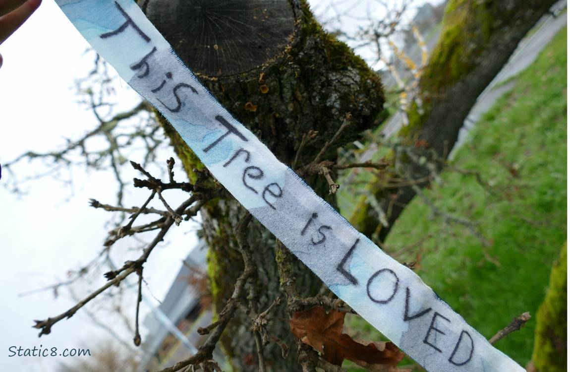 Blue streamer with writing on it