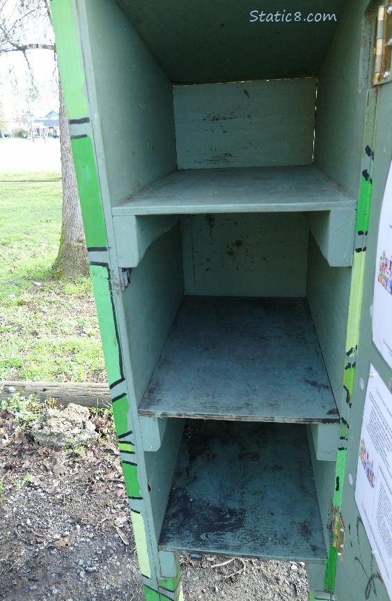 Empty and dirty shelves inside the Little Free Pantry