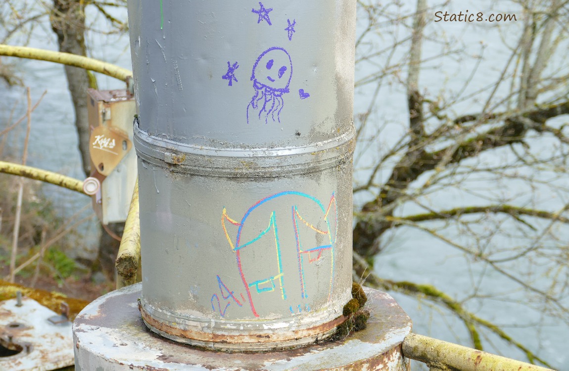 Graffeti, a jellyfish and a monster drawn on an old pipe