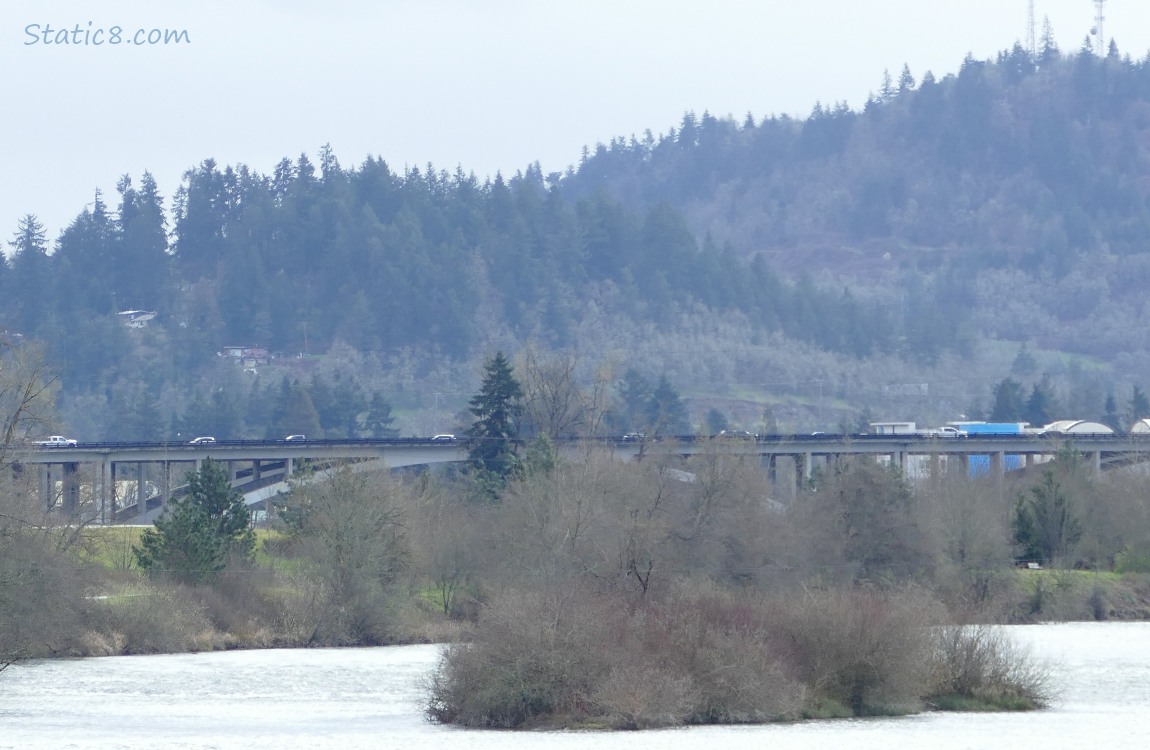 Looking up river at a car bridge