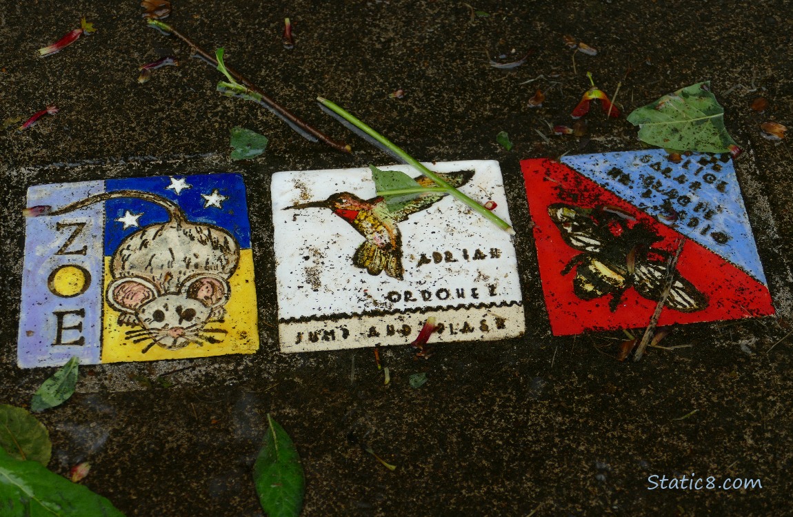 Colourful tiles of a mouse, hummingbird and bumblebee