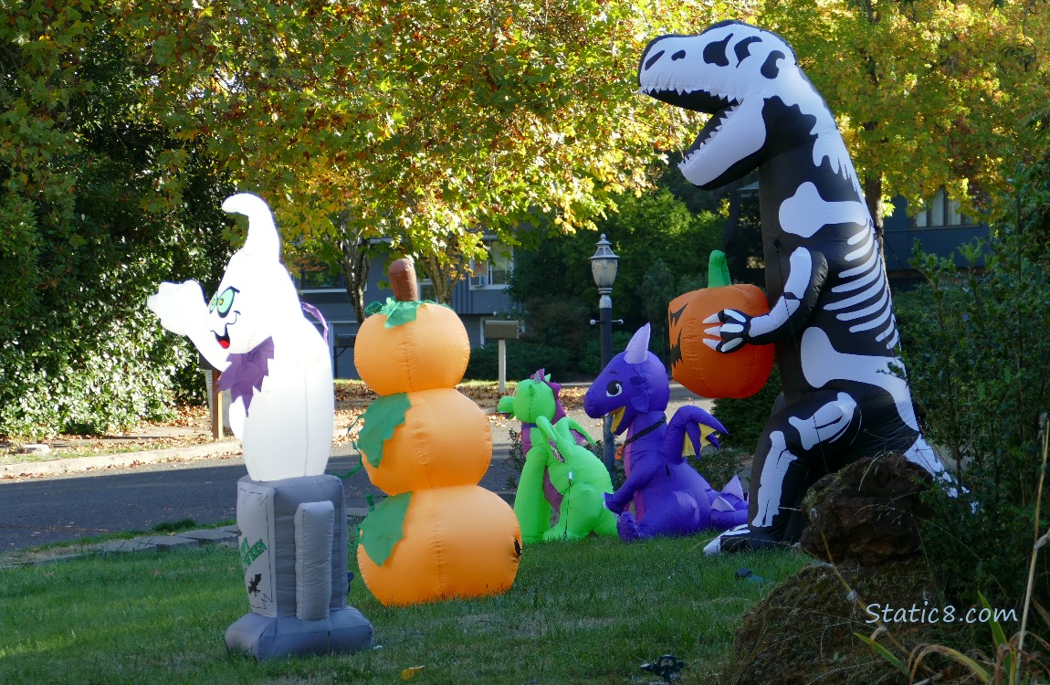 Blow-up Halloween decorations in a yard