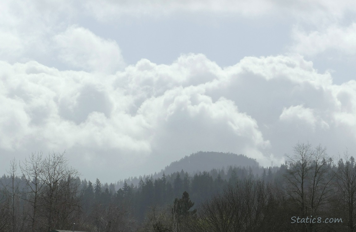 Puffy white clouds over the hill