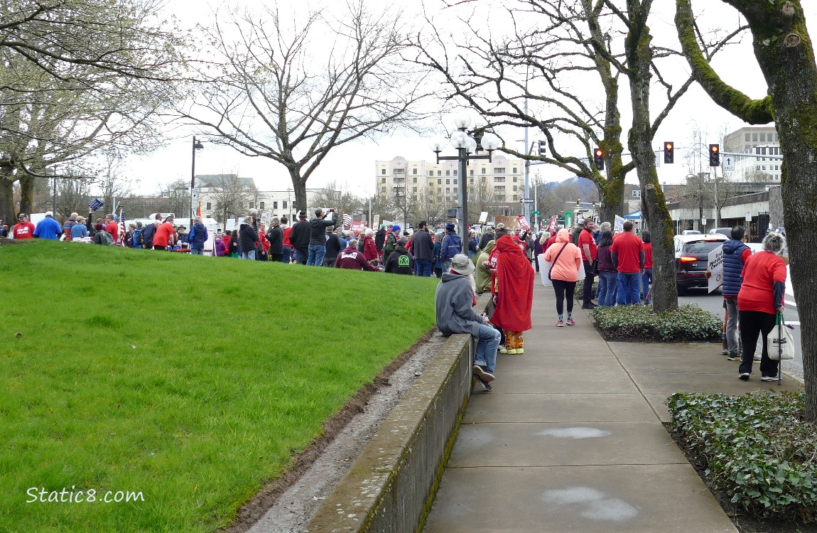 Looking back at protesters as I leave