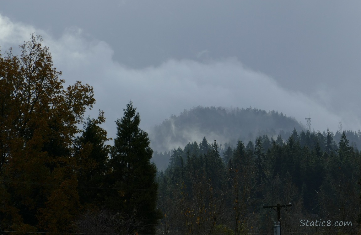 Clouds over the hill trees