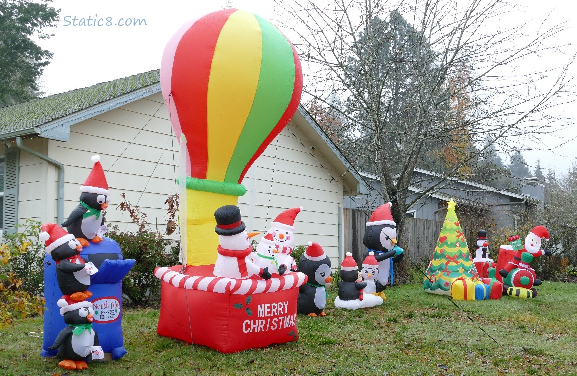 Blow up christmas decorations on a lawn