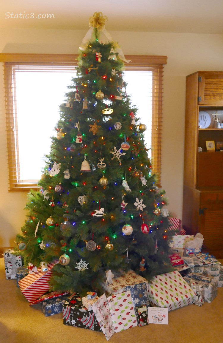 Decorated christmas tree with wrapped presents underneath