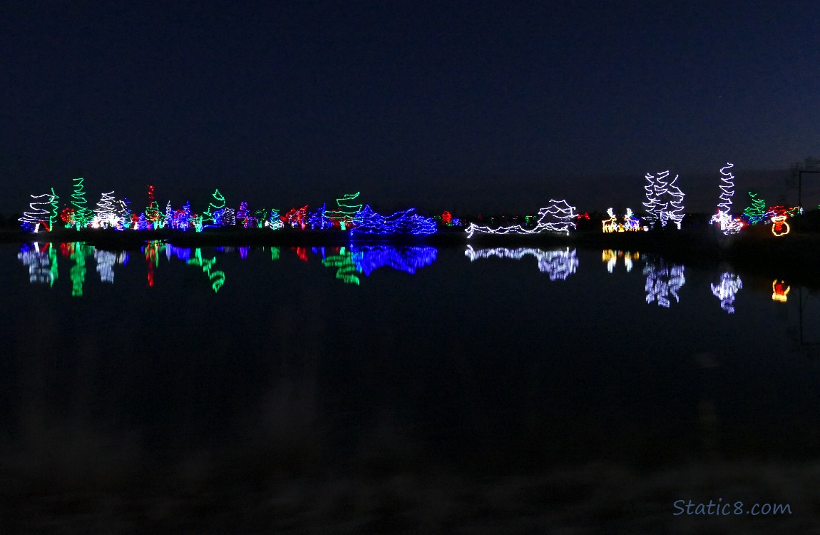 Far off christmas lights reflected in a pond