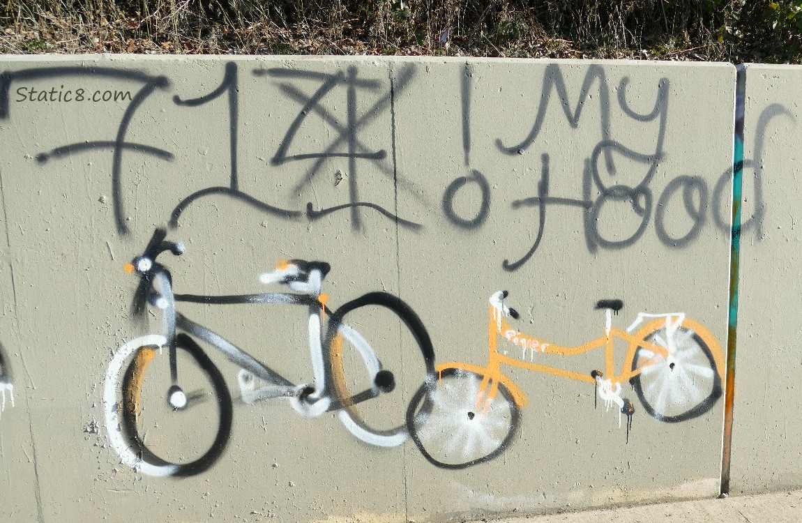 Graffiti of two bikes and some words on a grey wall