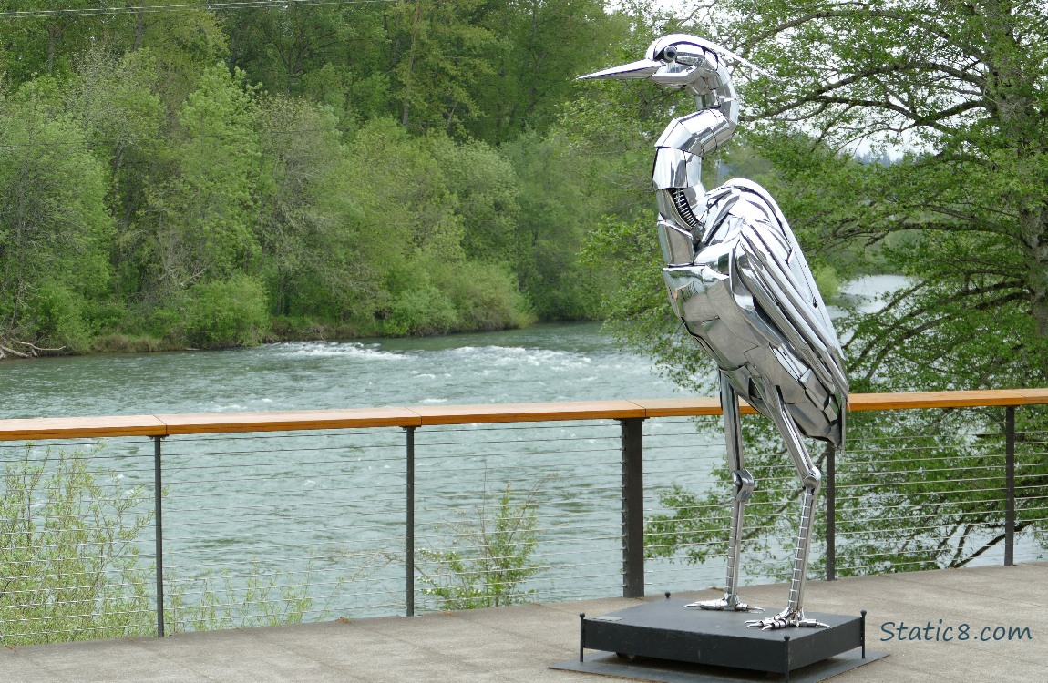 Chrome Great Blue Heron statue in front of the river with trees on the far bank