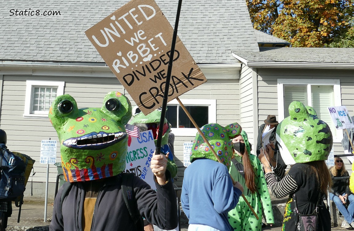 Guy with a frog face over his head with others similarly dressed