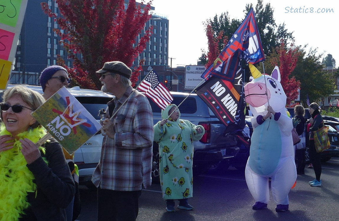 Unicorn inflatable costume with a flag